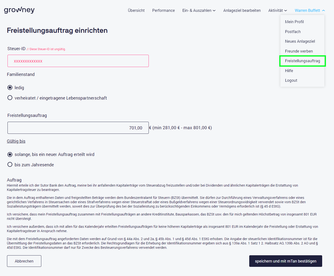 Wie kann ich einen Freistellungsauftrag für Anlageziele erteilen bzw. anpassen? growney